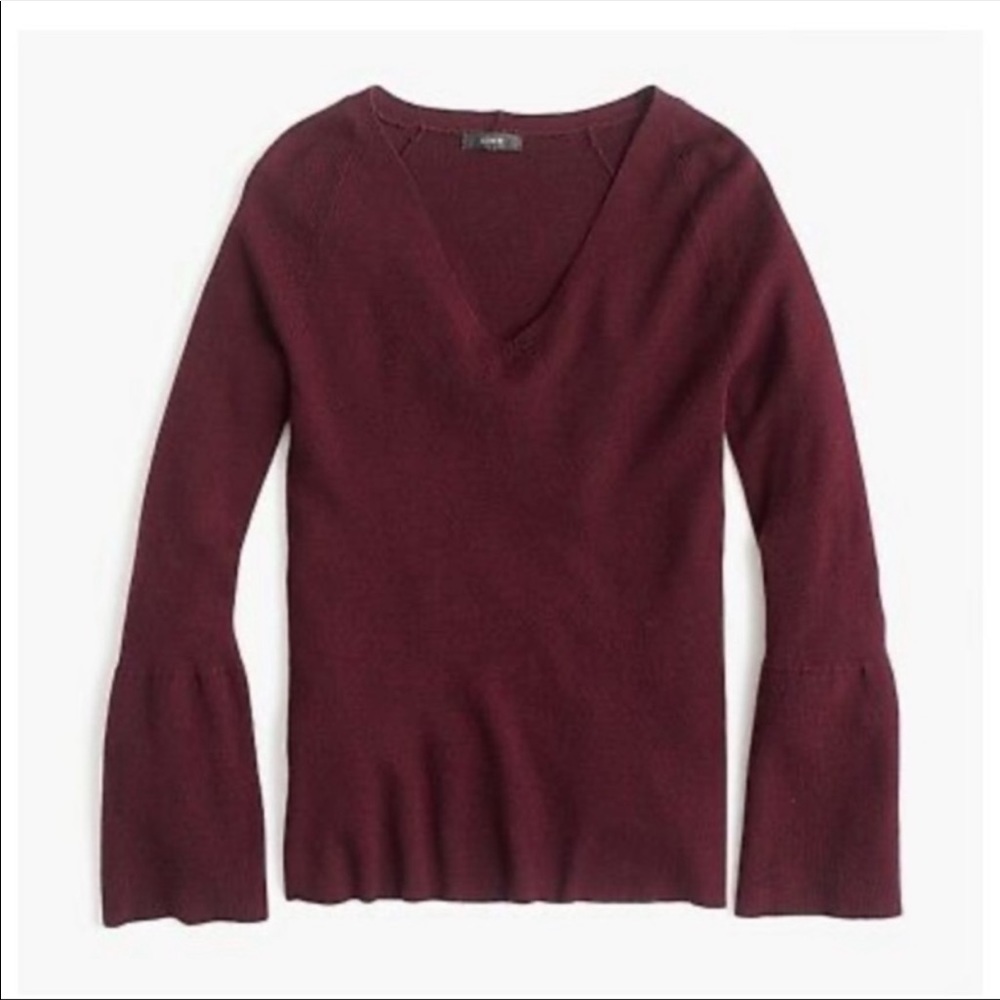 J . Crew Peplum Bell Sleeve V-Neck Wool Blend Sweater - Sz S - Cabernet Red